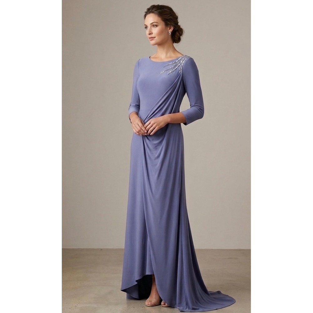 Elite Champagne Gown Womens 16 Purple Sequin Draped 3/4 Sleeve Formal Dress NWT